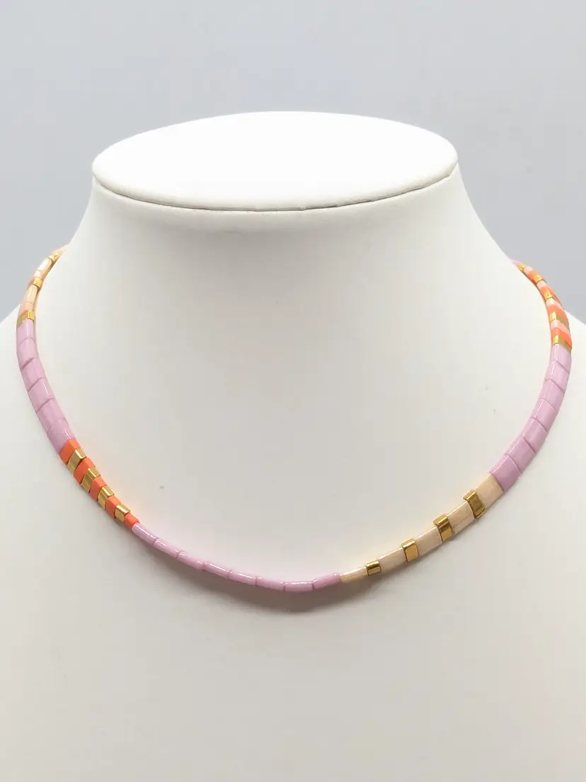 Tila Bead Choker Necklace Gold Tone Pink Orange