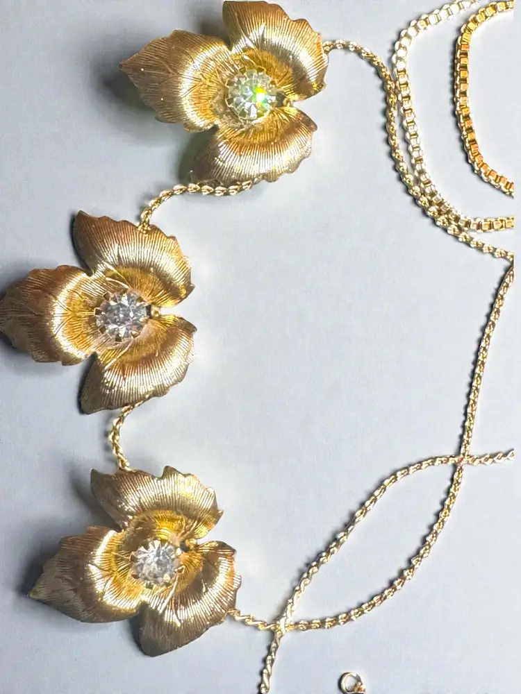 2 Vintage Petite Rhinestone Gold Tone Necklaces 14”