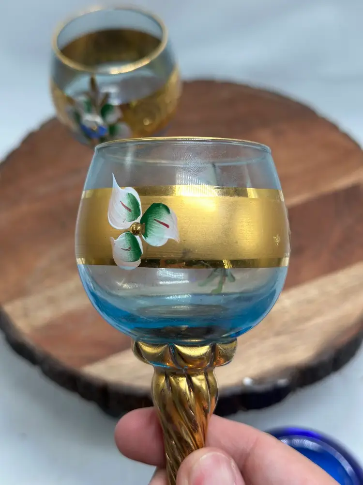Vintage Bohemian Czech Hand Painted Blue Glass Cordials Set Of 2
