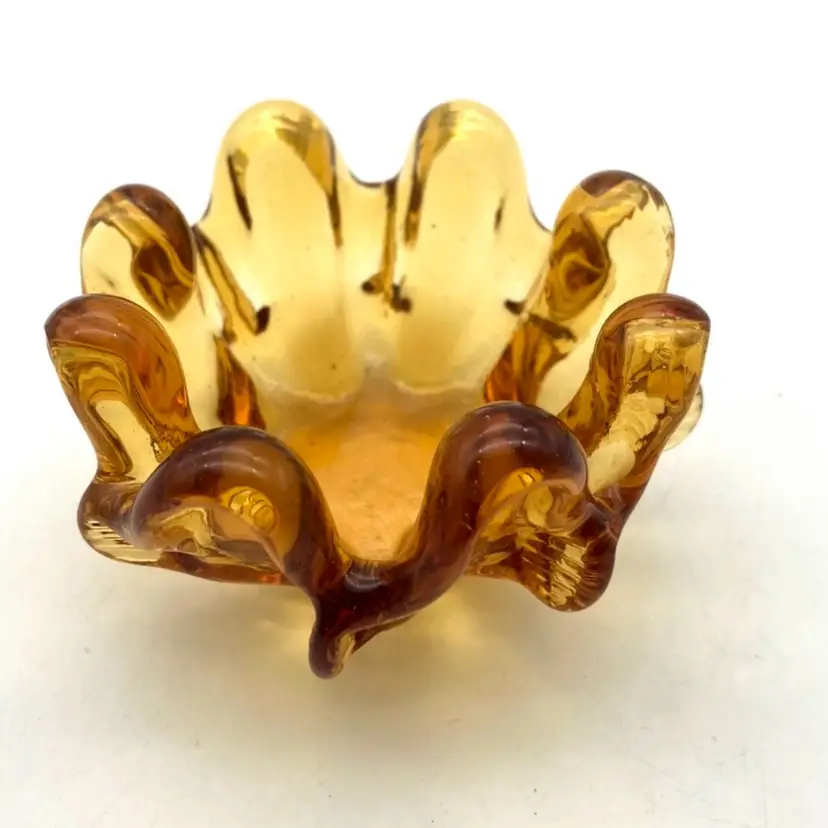 BIN - Vintage MCM Amber Art Glass Mini 3.25” Bowl Trinket Dish Ashtray Pinched Edges