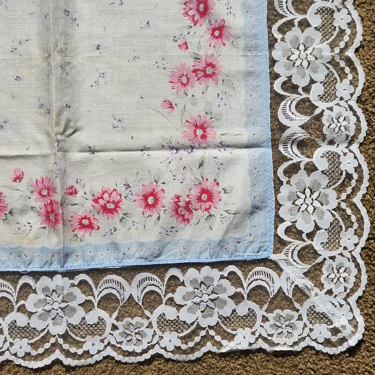 Handkerchief Scarf w Lace Trim Pink Red Blue Floral Square Hanky 23" Square VTG