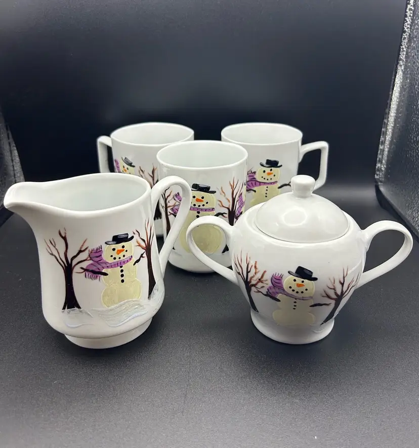 Snowmen Sugar Bowl, Creamer and Mugs Hand Painted Signed JA Fogg 2008