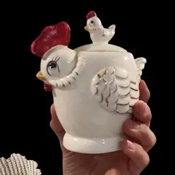 #06 Adorable Ceramic Mama Chicken & Baby Chick Lidded Jar Sugar Bowl READ 4.5”🐓🐥