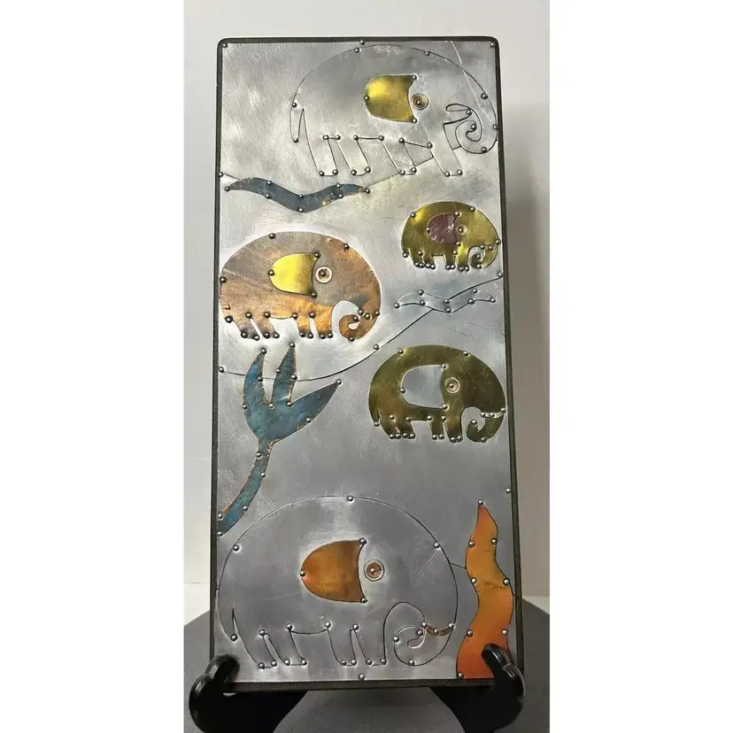 Vintage Handmade Metals Wall Panel 5 Elephants Wall Art Signed Artist Sue Jowell