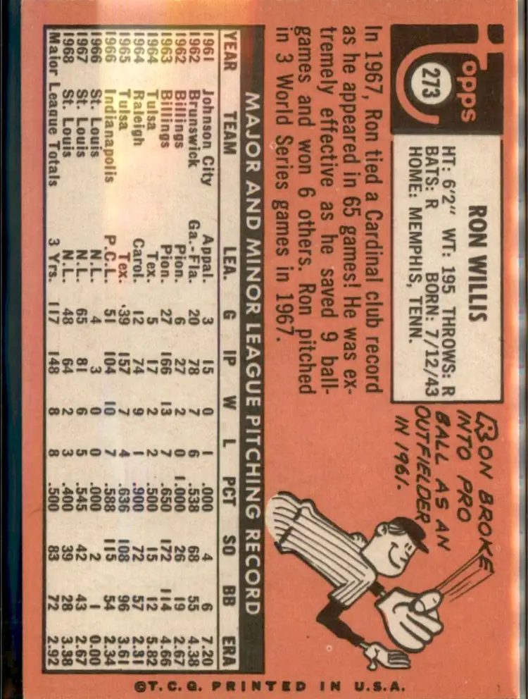 1969 Topps #273 Ron Willis - (pk3) - St. Louis Cardinals