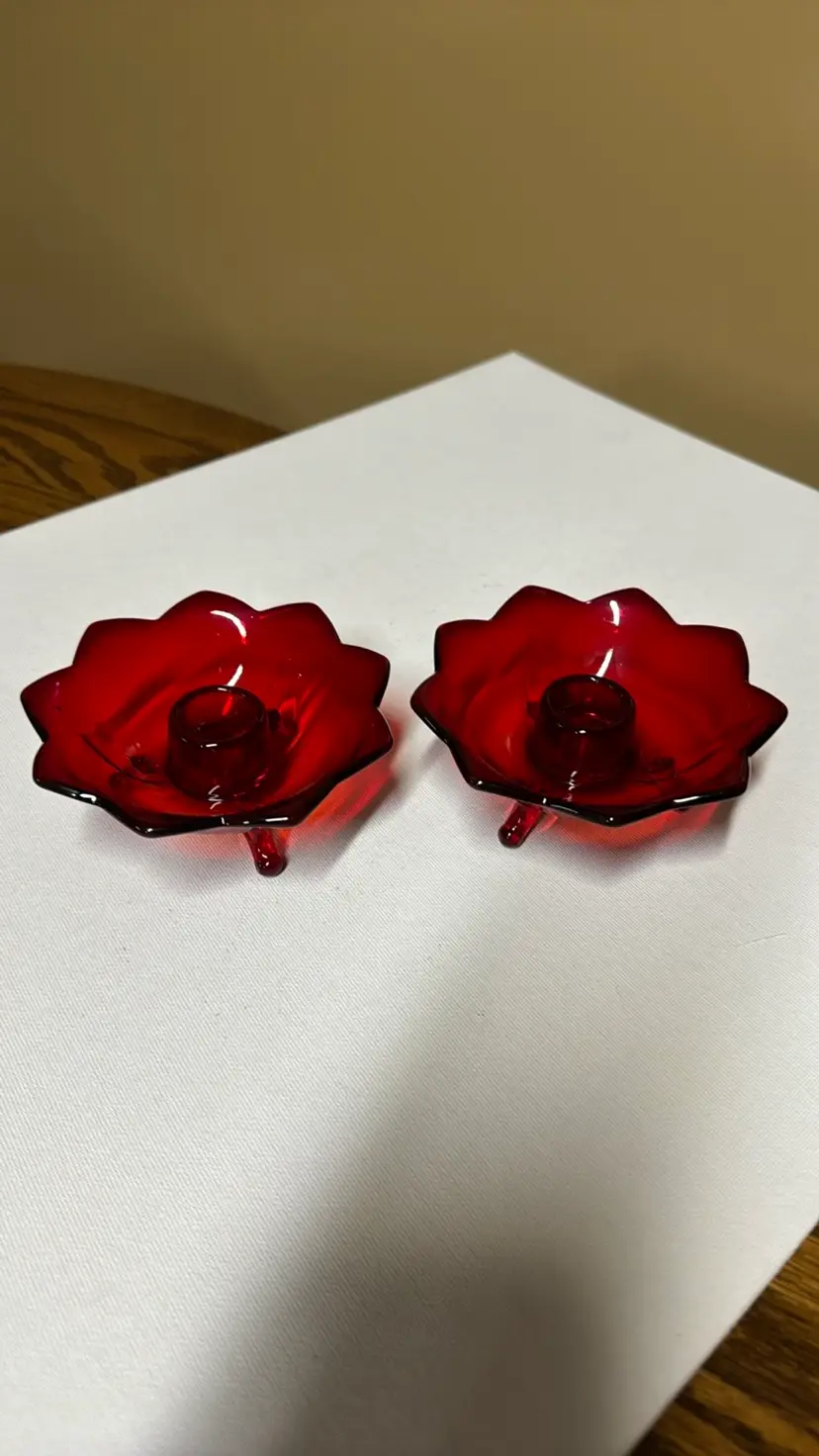 Fenton Ruby Red Amberina Lotus Flower Three Footed Candle Holder Pair