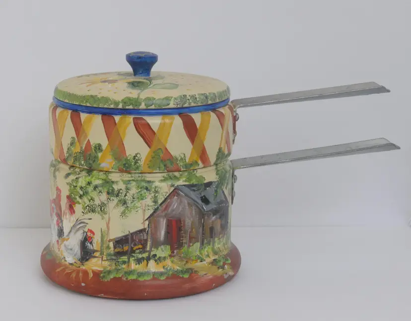 Hand Painted Signed Double Boiler Pan Rooster Chickens Barn Americana