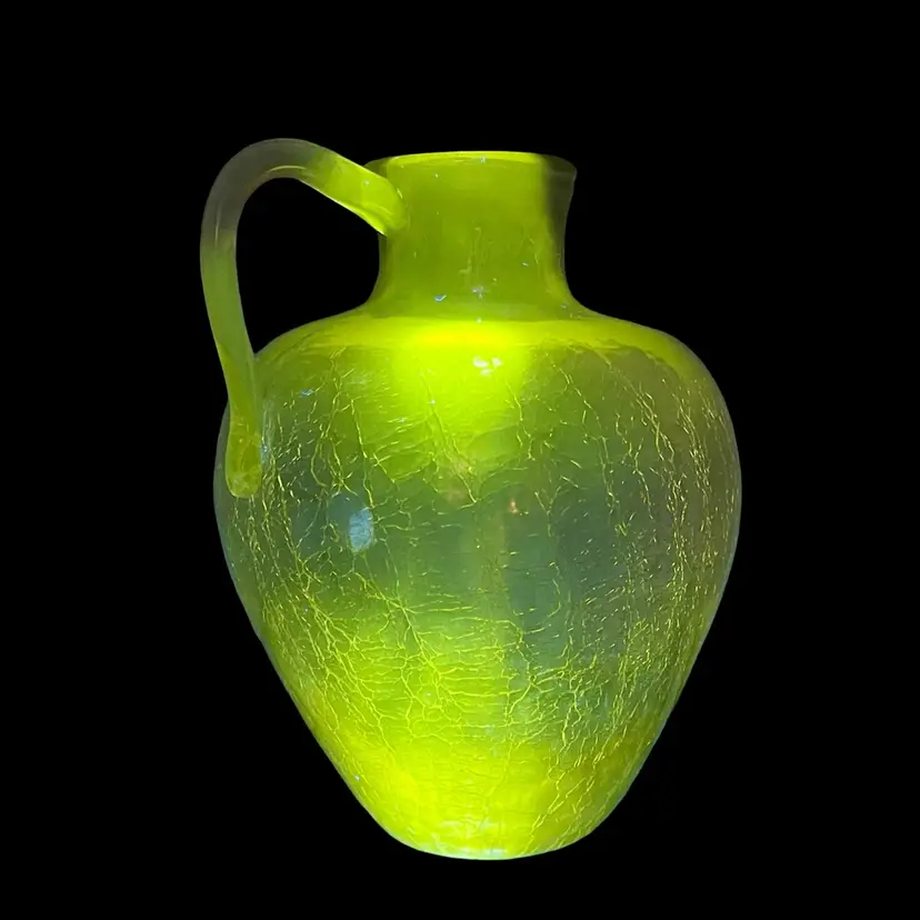 Pilgrim Amethyst Crackle Glass Vase/Pitcher With Label Glows
6” T x 4” W