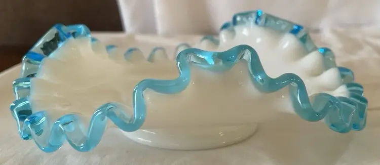 Fenton Aqua Crest Milk Glass Bon Bon Candy Dish