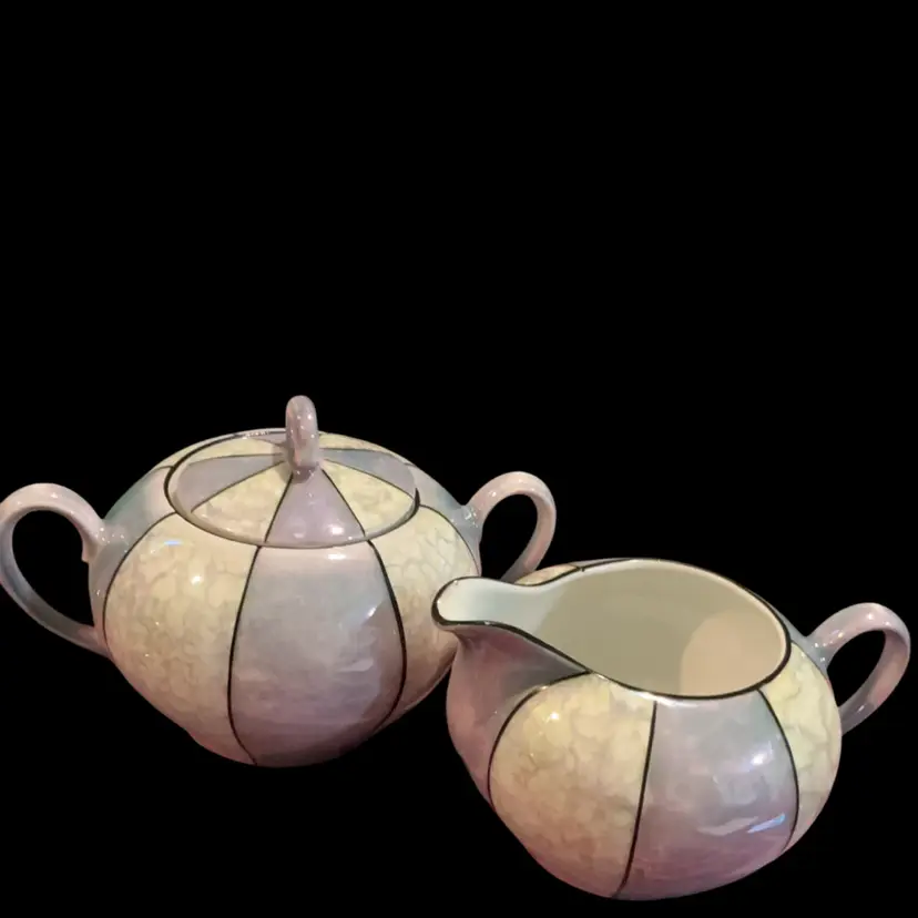 Vintage  Ceramic PK Unity Germany Lusterwear Sugar Bowl & Creamer. Purple With Black Accents Lines. Stamped On Both Bottom Pieces. PK - Porzellanfabrik Kayla.