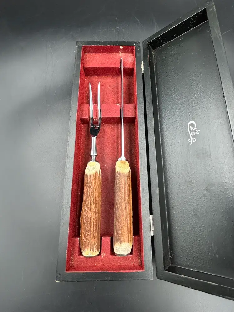Vintage Case Xx Game Set Carving Knife And Fork Antler Horn With Stainless Steel Blade