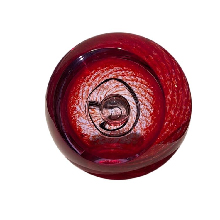 Caithness “Vortice” Signed/Numbered Art Glass Paperweight - 3.5” Window Facet Red Black Swirls, Controlled Bubble Center
