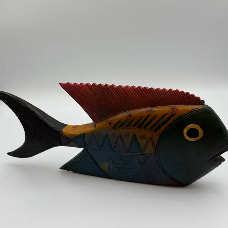 Set Of Two  Vintage Mexican Art Wooden Fish Hand-painted Multicolor 10 Inch Bird Flower