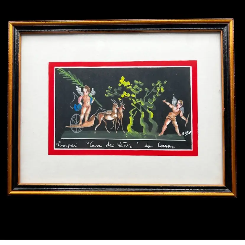 #285A Vintage Matted And Framed Print. Antonio Caso - 20th Century Gouache, La Corsa (The Race) Casa dei Vettii.