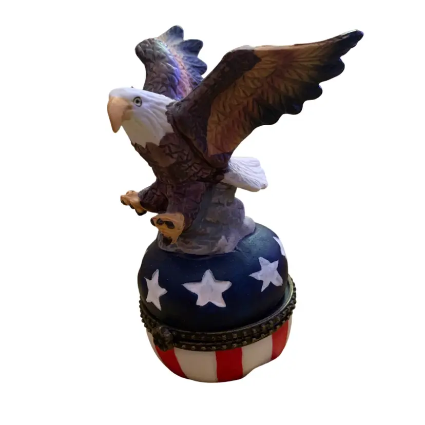 Gorgeous Vintage Patriotic Porcelain Hinged Trinket Or Jewelry Box. Featuring Bold Eagle With Open Wing Span