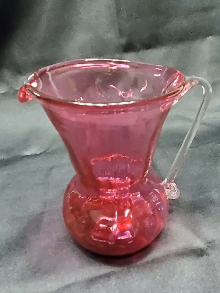 Vintage Pilgrim Glass Cranberry Pitcher W/ Applied Clear Handle