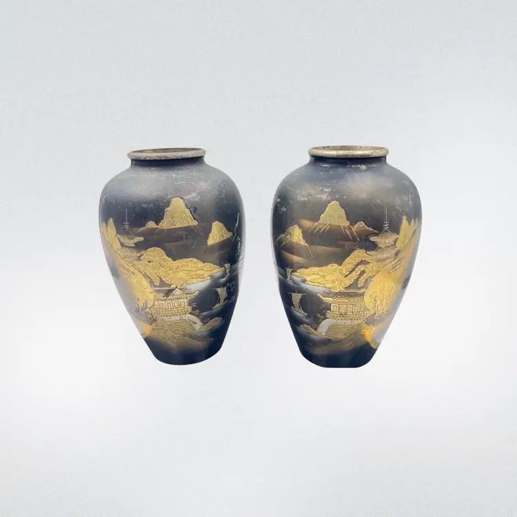 2 BLACK BRASS VASES 
Signed By Artist 
Japan