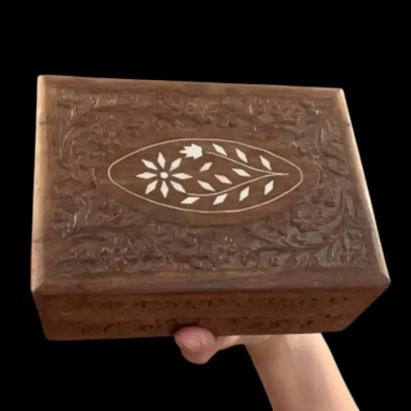 #45 Wooden Hand Carved Hinged Stone Inlay Floral Jewelry Box 7”
