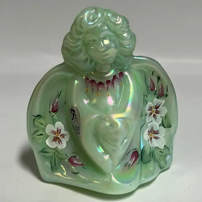 Fenton Glass Guardian Angel- Opalescent  "Jadeite" Mist Green - Hand Painted- Signed By V. Williams- Original Sticker- 3.5” Tall