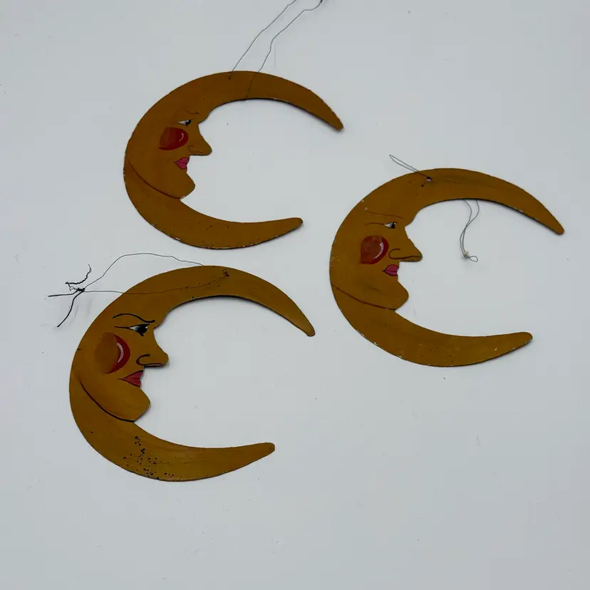 Metal Crescent Moon Face Hand Painted Primitive Folk Celestial Three Ornaments