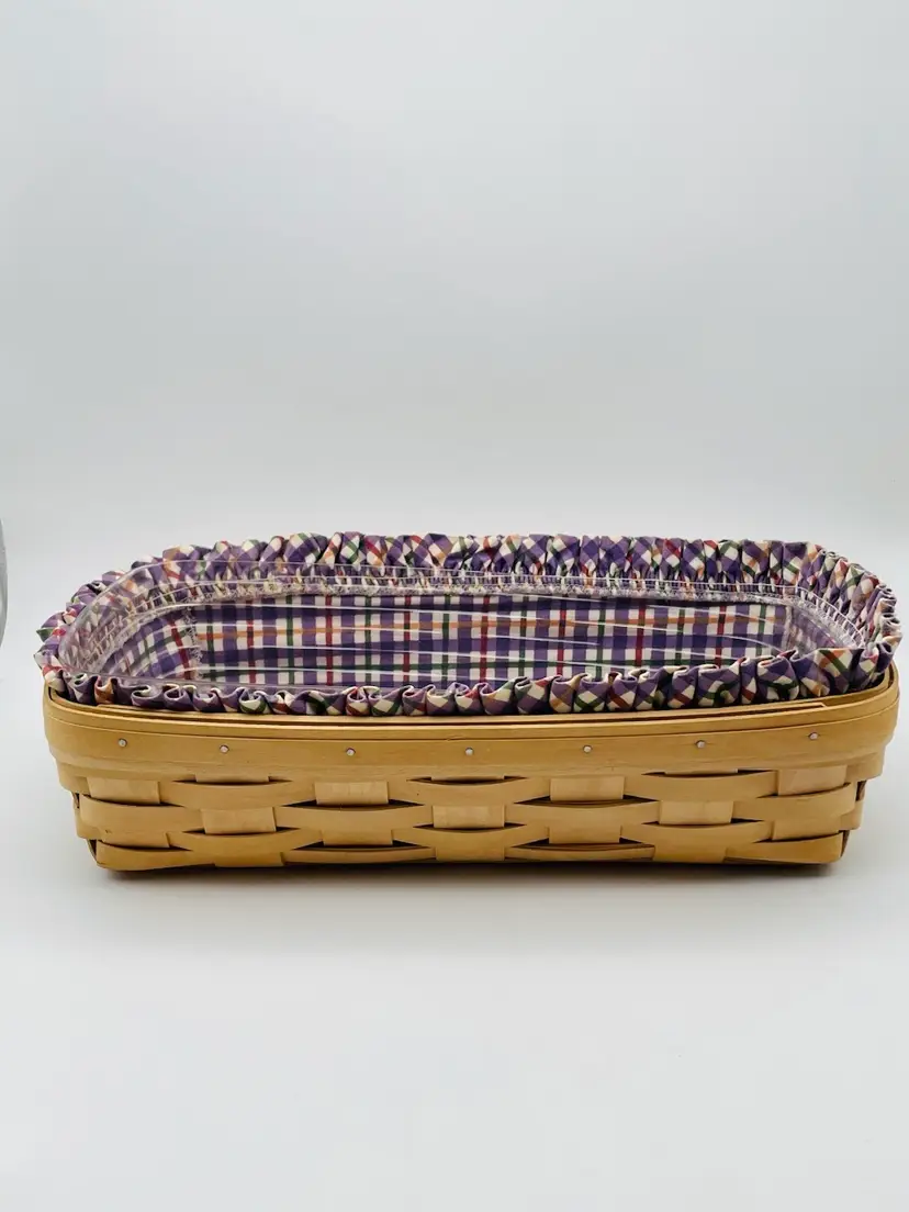 Longaberger Basket Rectangular With Purple Plaid Lining And Hard Plastic Liner
