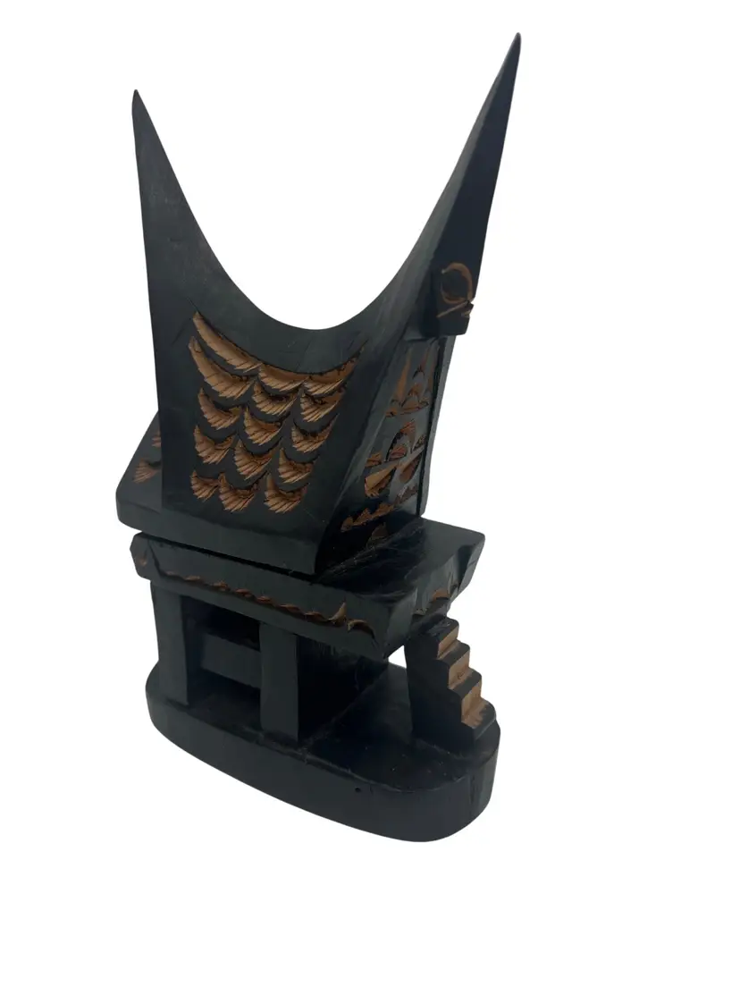 Hand-Carved Indonesian Rumah Adat Miniature House Sculpture 6.5″ Wood Folk Art