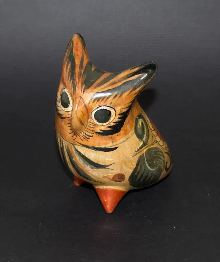 Vintage Tonala Pottery Owl Bird Hand Painted Mexico 5" Tall