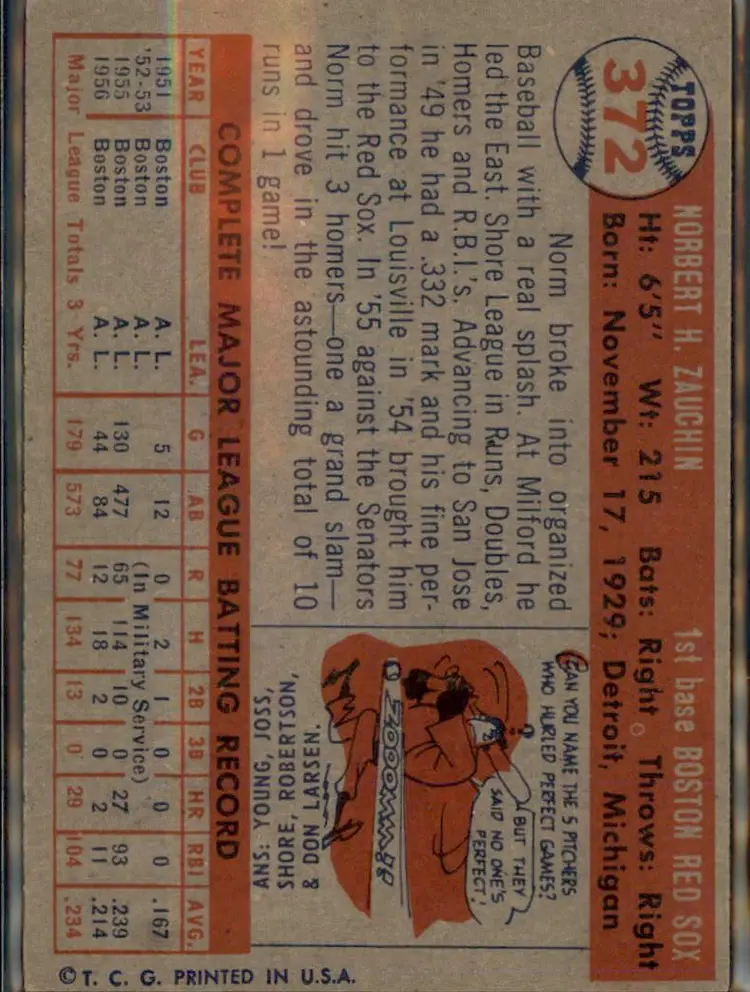 1957 Topps #372 Norm Zauchin - (pk1) - Boston Red Sox