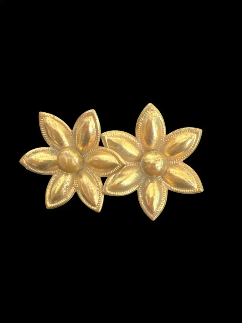Vintage 1940's Brass Double Flower C Clasp Brooch Pin #ofc-2