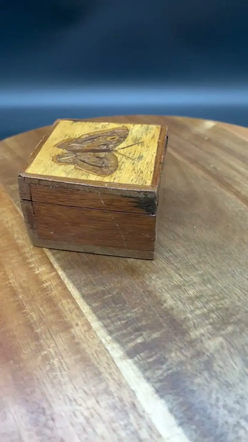 Vintage R. Lollini Marquetry Wood Box with Black Witch Moth Inlay - Argentina