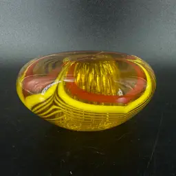 204 Terry Crider Yellow Orange Pulled Feather Flower Art Glass Paperweight