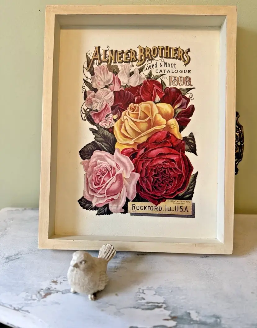 wooden framed floral artwork/picture/handcrafted; shabby chic, cottage core