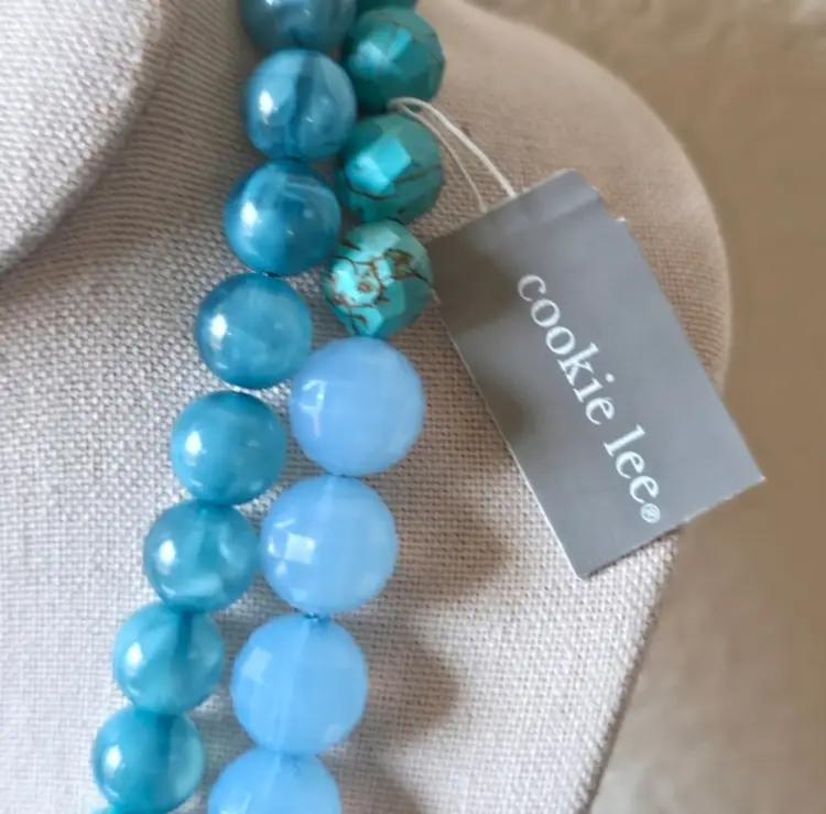 Cookie Lee Layered Blues Greens Plastic Bead Crystal Accent Necklace