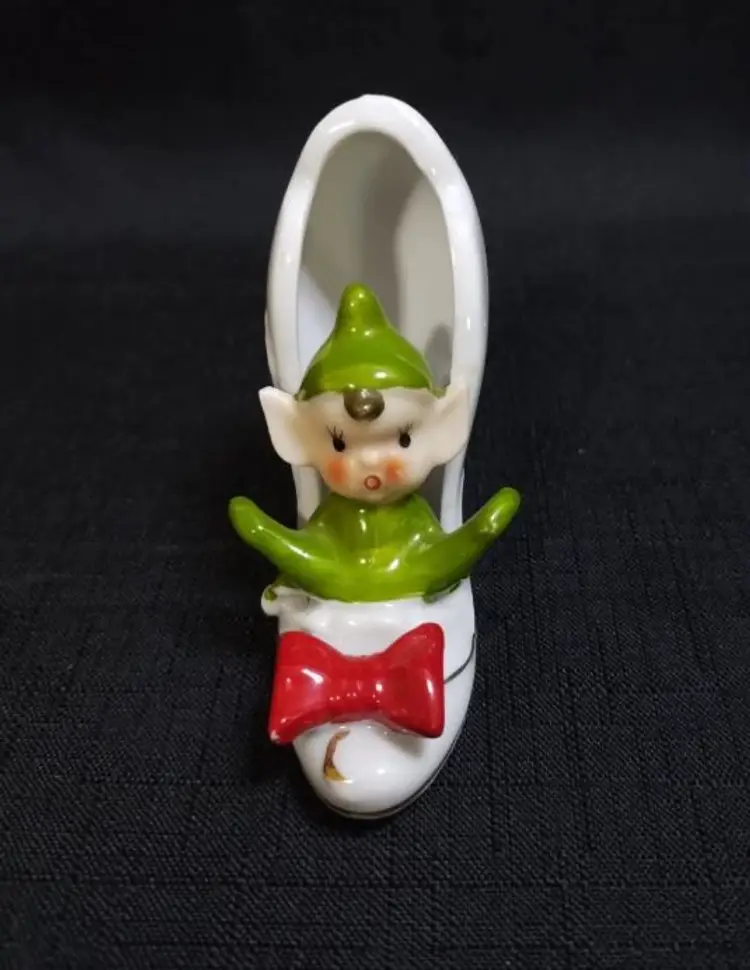 Vintage MCM Green Pixie Elf in White High Heel Shoe W Red Bow, Gold Details