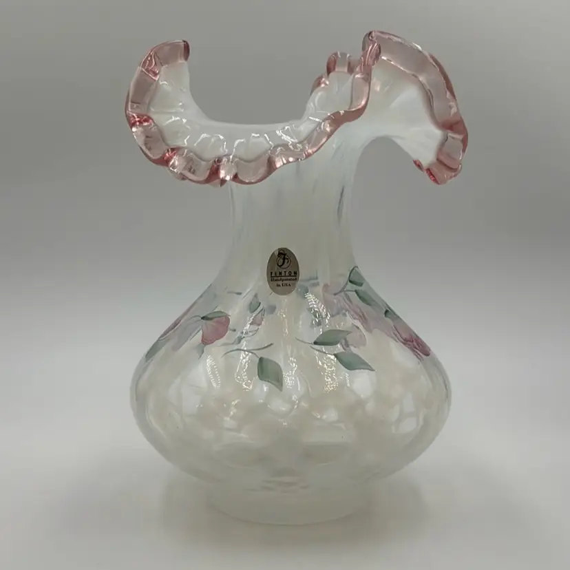 Fenton Diamond Optic French Opalescent Hand Painted Floral Trellis Vase