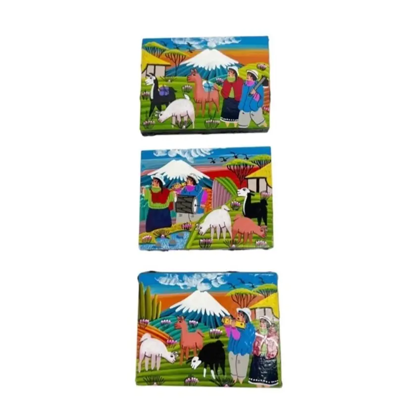 Lot Of 3 Ecuador Tigua Style Folk Art Stretched Leather Hide Paintings