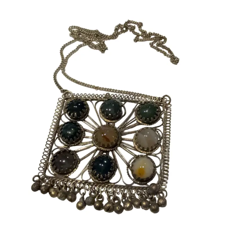 Vintage Nepalese Boho 1970s Silvertone With Polished Agates Large Necklace / 3.5” Pendant 30” Chain
