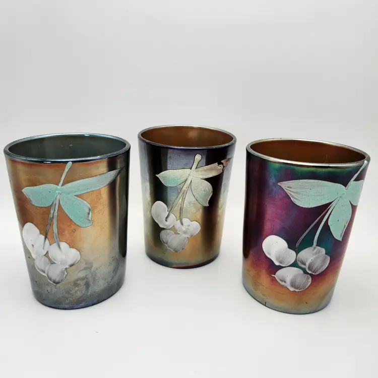 Vintage Hand Painted Cherries Blue Carnival Glass Tumbler Set Of 3