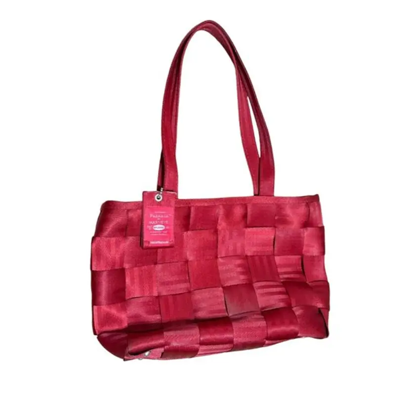 Harveys Red Woven Seatbelt Purse Shoulder Bag Square Charm 9.25"H X 12"D X 4"W