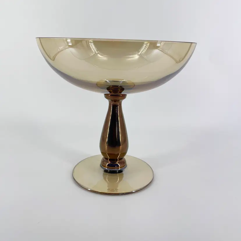 Krosno Poland Art Glass 9" Pedestal Bowl Bronze Handle