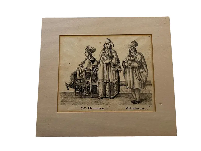 Chiotinnen Mykonierinn Antique Engraving. c 1929 Matted Print 10" x 9" Steel Engraving