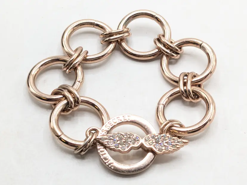 Victoria's Secret Gold Tone Link Bracelet Rhinestone Angel Wing Toggle