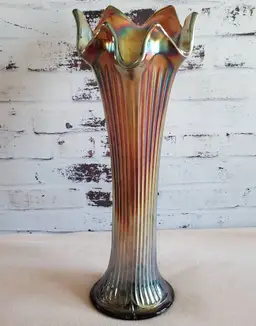 Fenton Fine Ribbed Carnival Glass Irridescent Swung Vase