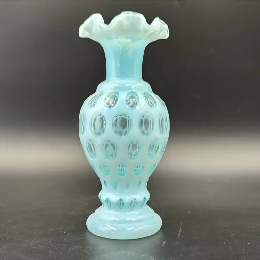 Vintage Fenton Coin Dot A light Blue Optic Art Glass, Cramped Vase Unsigned.