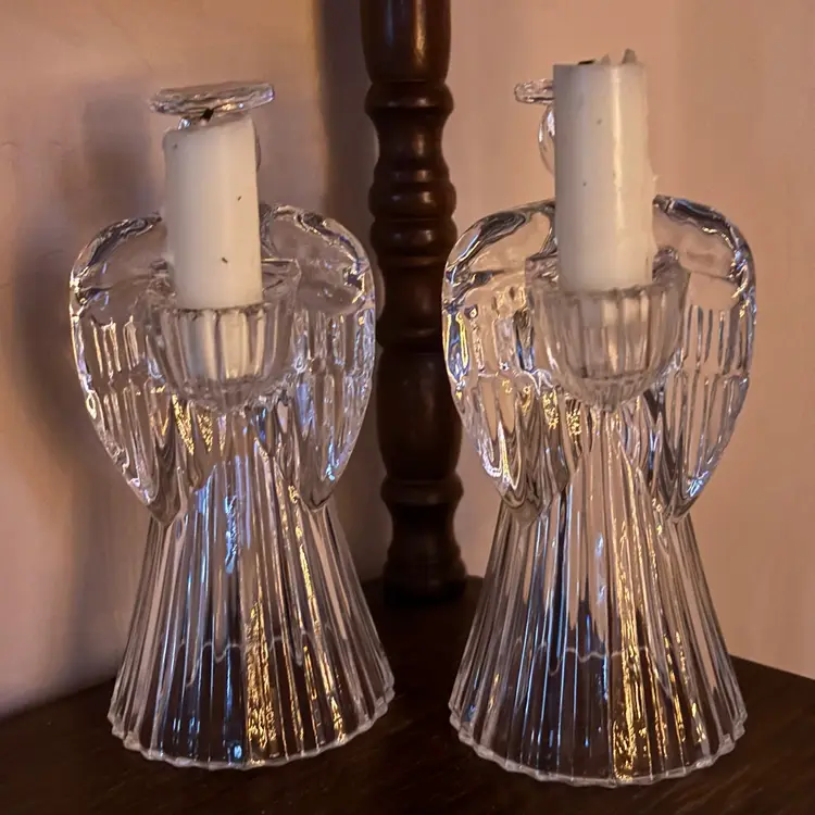 Vintage St George Crystal 24% Lead Crystal Praying Angel Candle Holder Pair