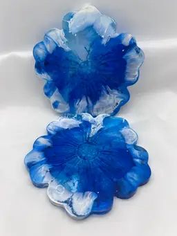 Handmade Resin Flower Coaster Set Blues and White