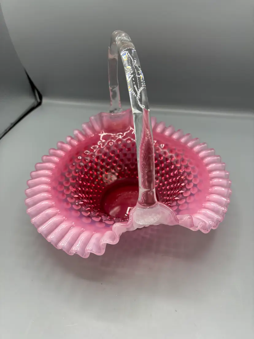 Vintage Cranberry Fenton opalescent hobnail basket