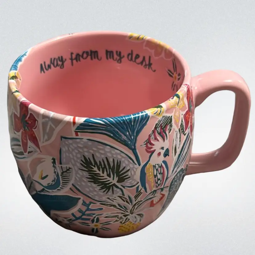 Opalhouse Pink Floral Parrot Mug Cup “Away From My Desk” 10oz Work Coffee Tea Tropical