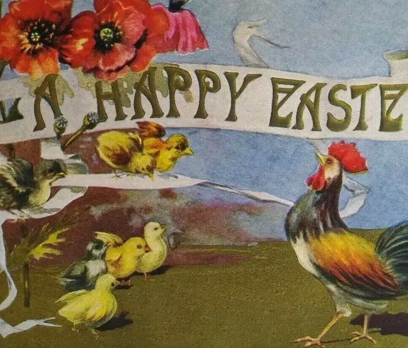 Easter Postcard Farm Rooster Baby Chicks Embossed Flowers Vintage Antique