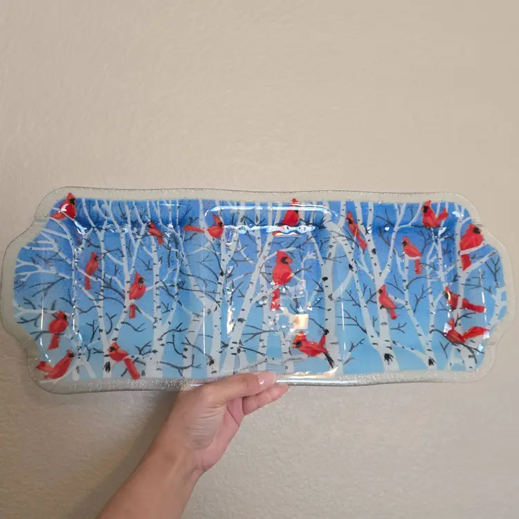 Peggy Karr Fused Art Glass Plate Tray Divided Footed Winter Cardinals 19 x 7.5
